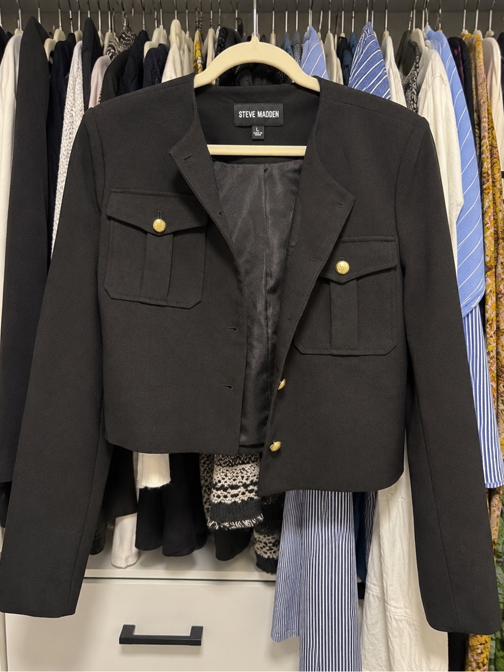 Steve Madden Black Cropped Military Blazer with Gold Buttons
